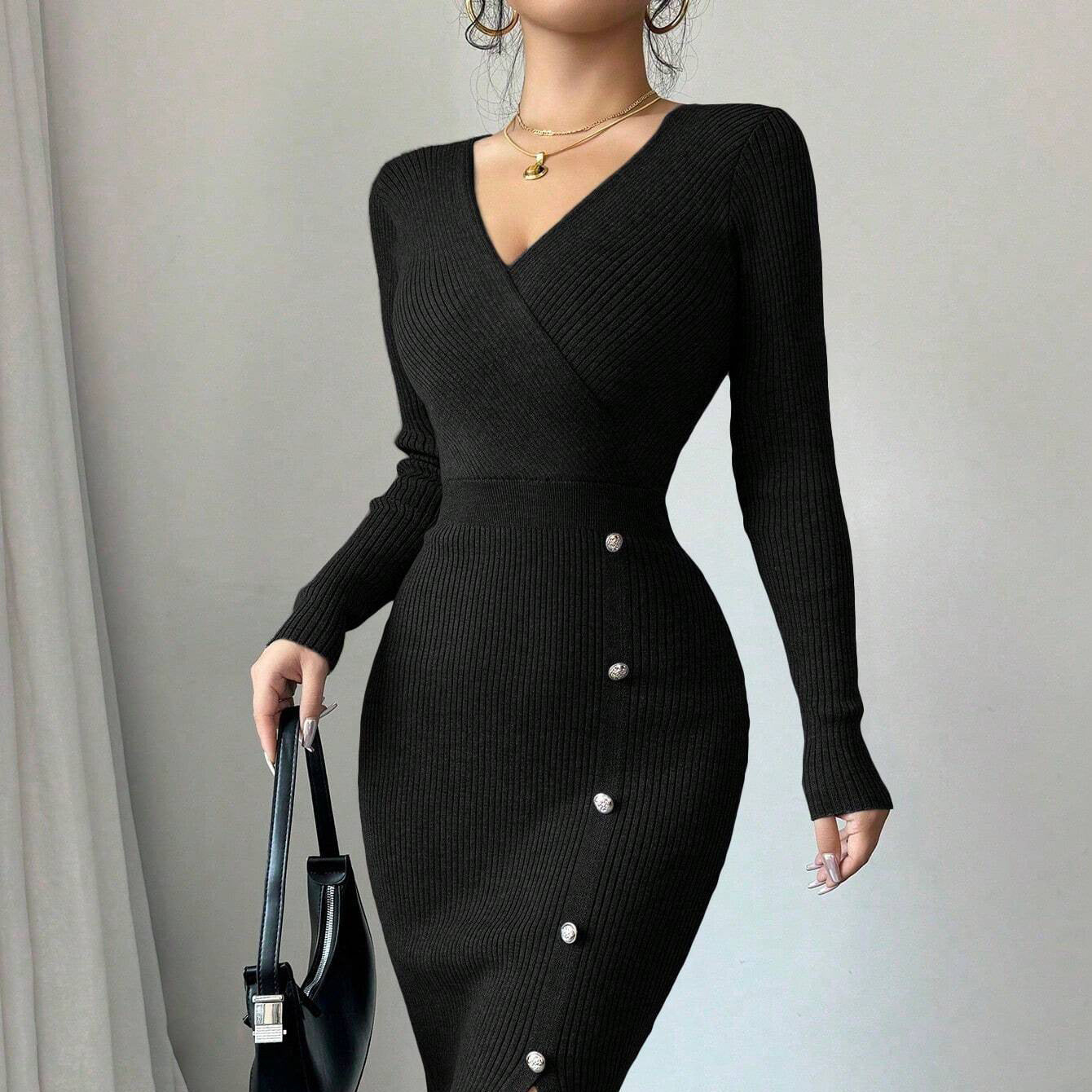 French Waist-Tight Mid-Length Sheath Inner Wear Base Skinny Knit Dress For Women