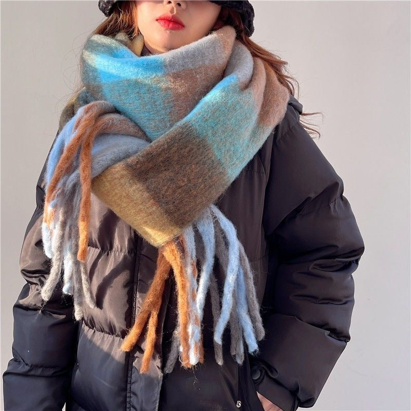Women's Plaid Tassel Scarf Rainbow Colour-Blocking Shawl