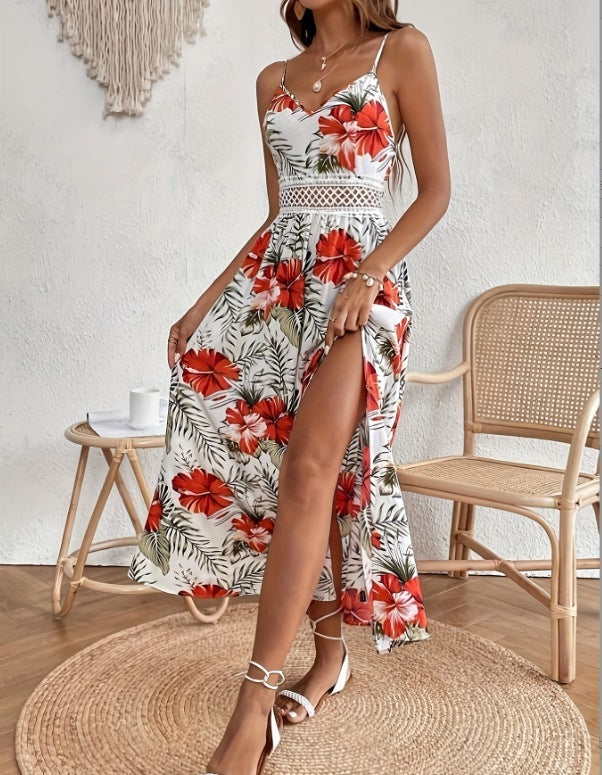 Printed V-Neck Brace Lace Stitching High Slit Dress
