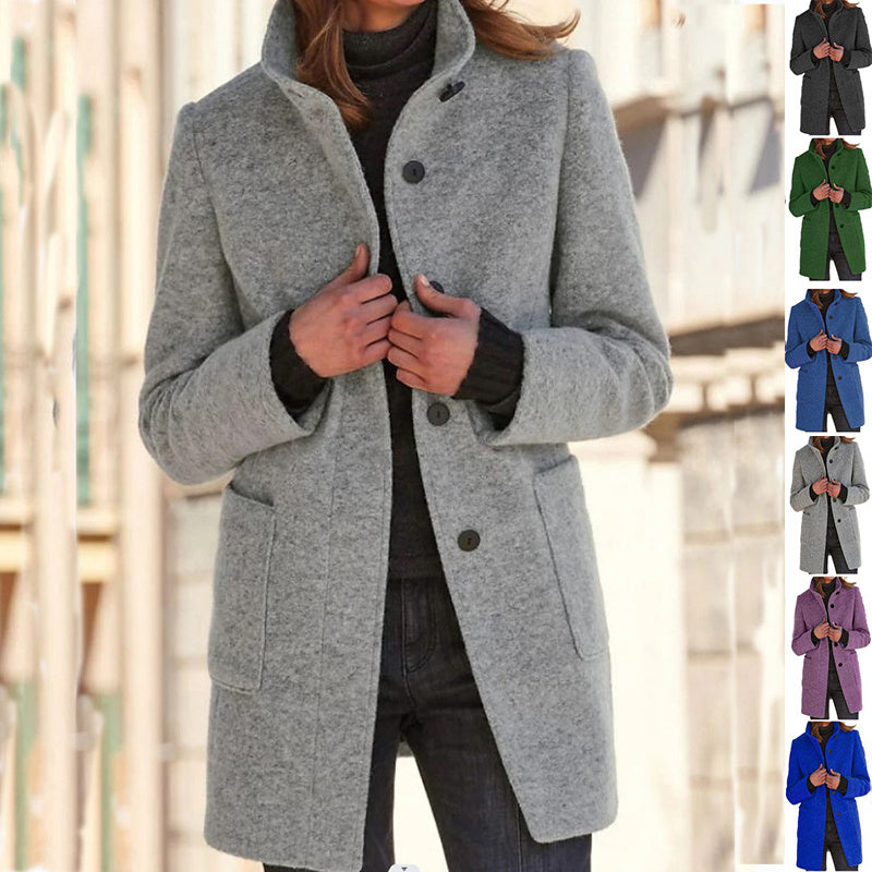 Women's Stand Collar Woollen Coat With Pockets and Suitable For Autumn & Winter - Ladies' Casual Button Outwear