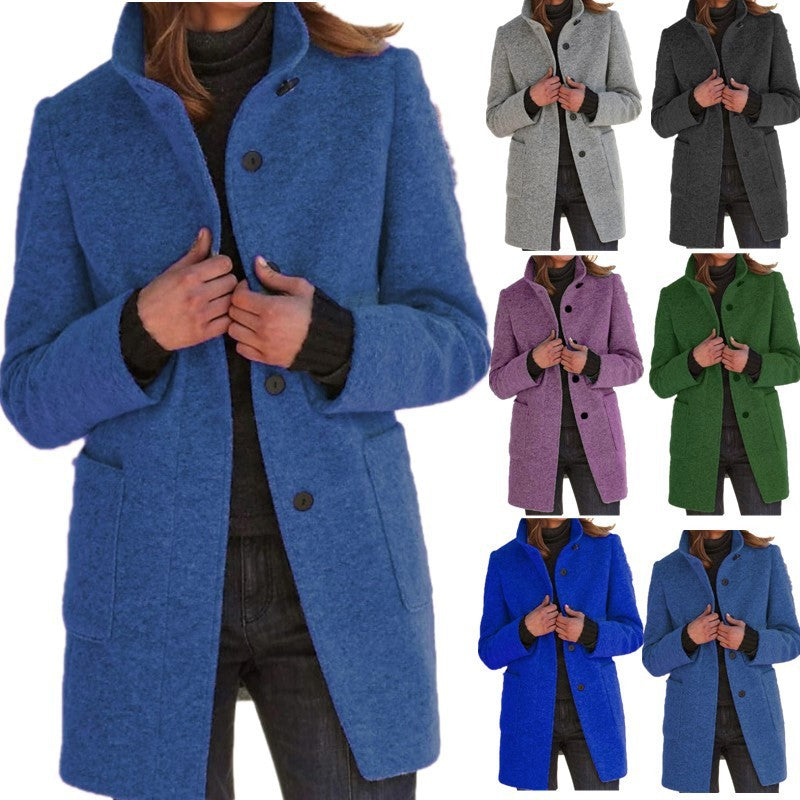 Women's Stand Collar Woollen Coat With Pockets and Suitable For Autumn & Winter - Ladies' Casual Button Outwear