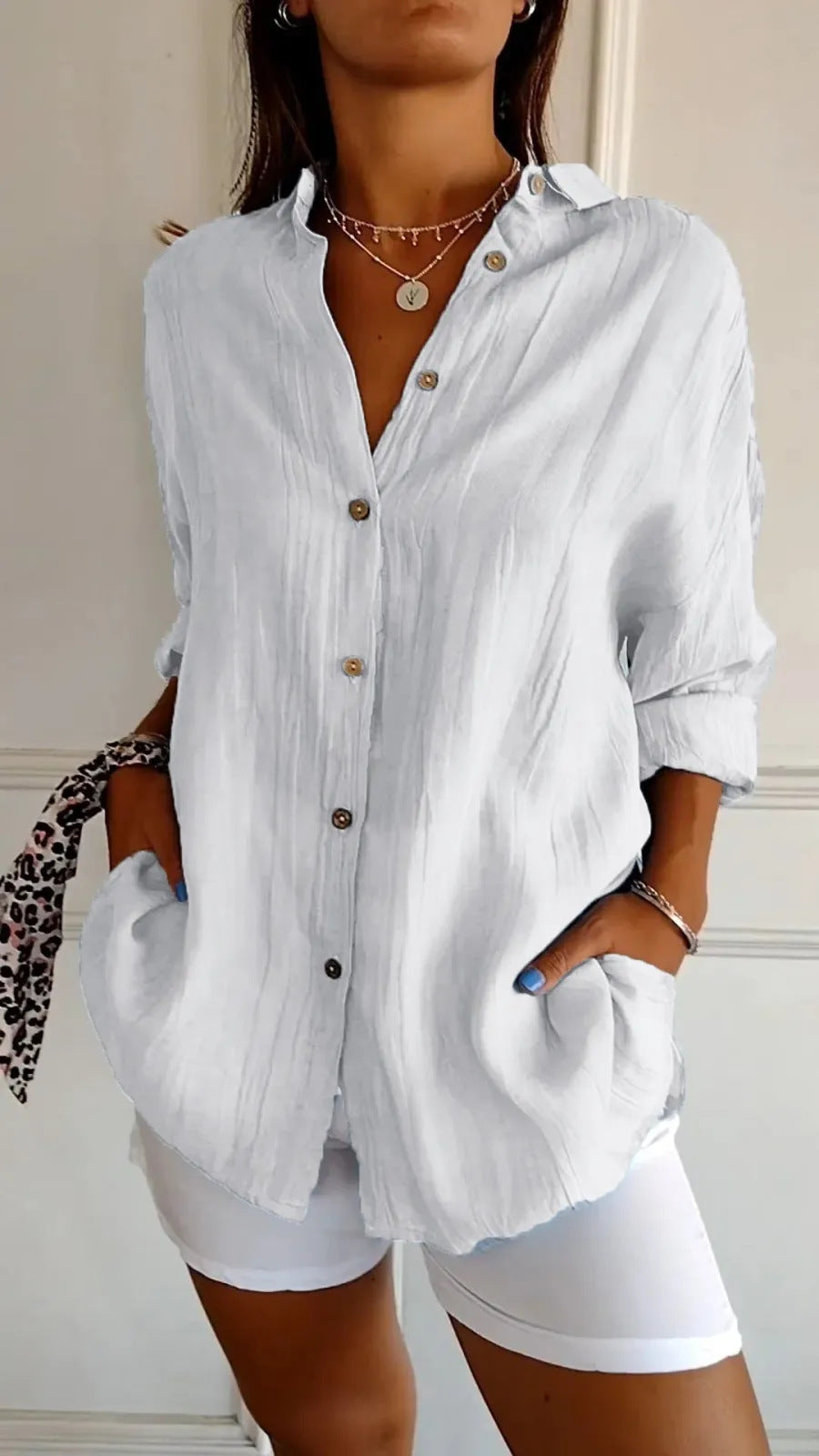 Women's Lapel Long-Sleeve Single-Breasted And Pleated Shirt