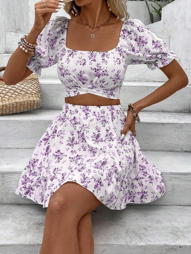 Women's Two Piece Set With Ditsy Floral Print Dress