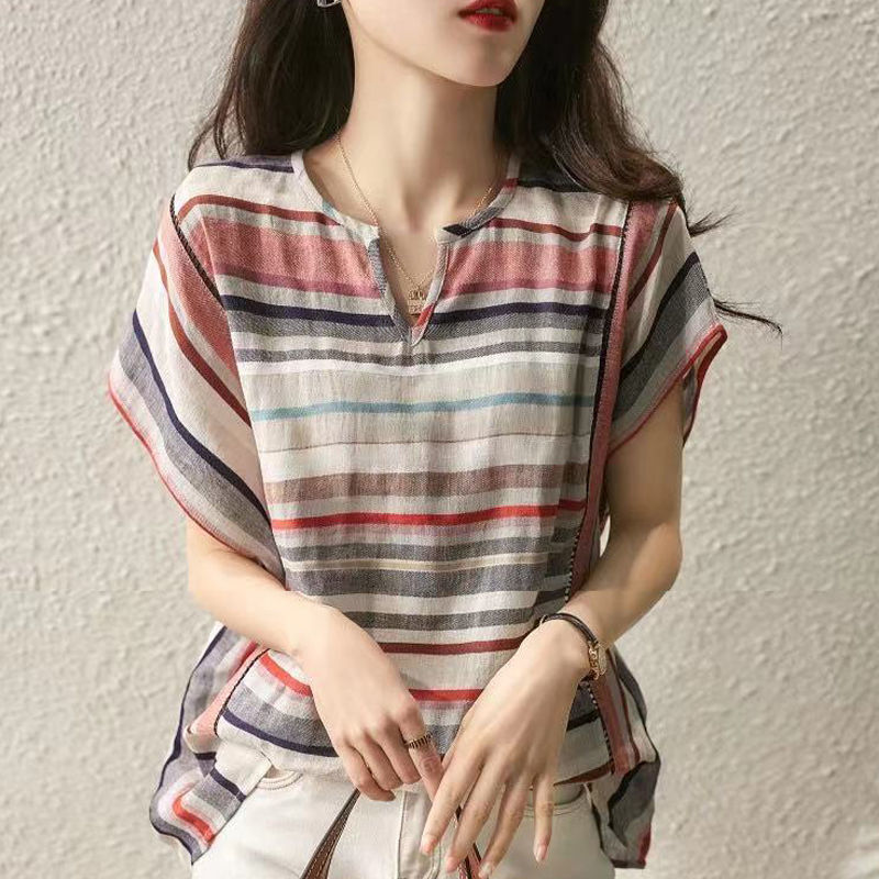 Women's Striped Shirt Short-Sleeve Loose