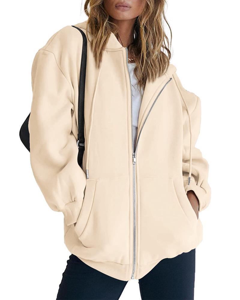 Women's Fashion Casual Solid Colour Drawstring Zipper Hooded Sweatshirt