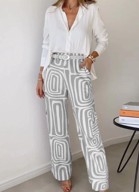 Women's Casual Long-Sleeved Lapel Shirt Printed Wide-Leg Pants Suit
